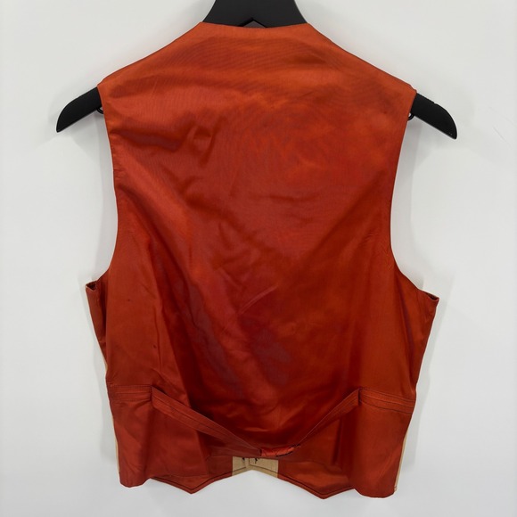 Mens Tan Linen Blend Button Down V Neck Sleeveless Vest 34R Orange Satin Back - Picture 12 of 16